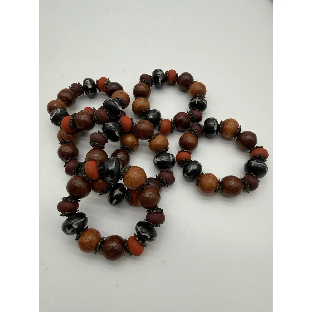 Set of 6 Napkin Rings Wood Metal and Plastic Beads African Style 2.5